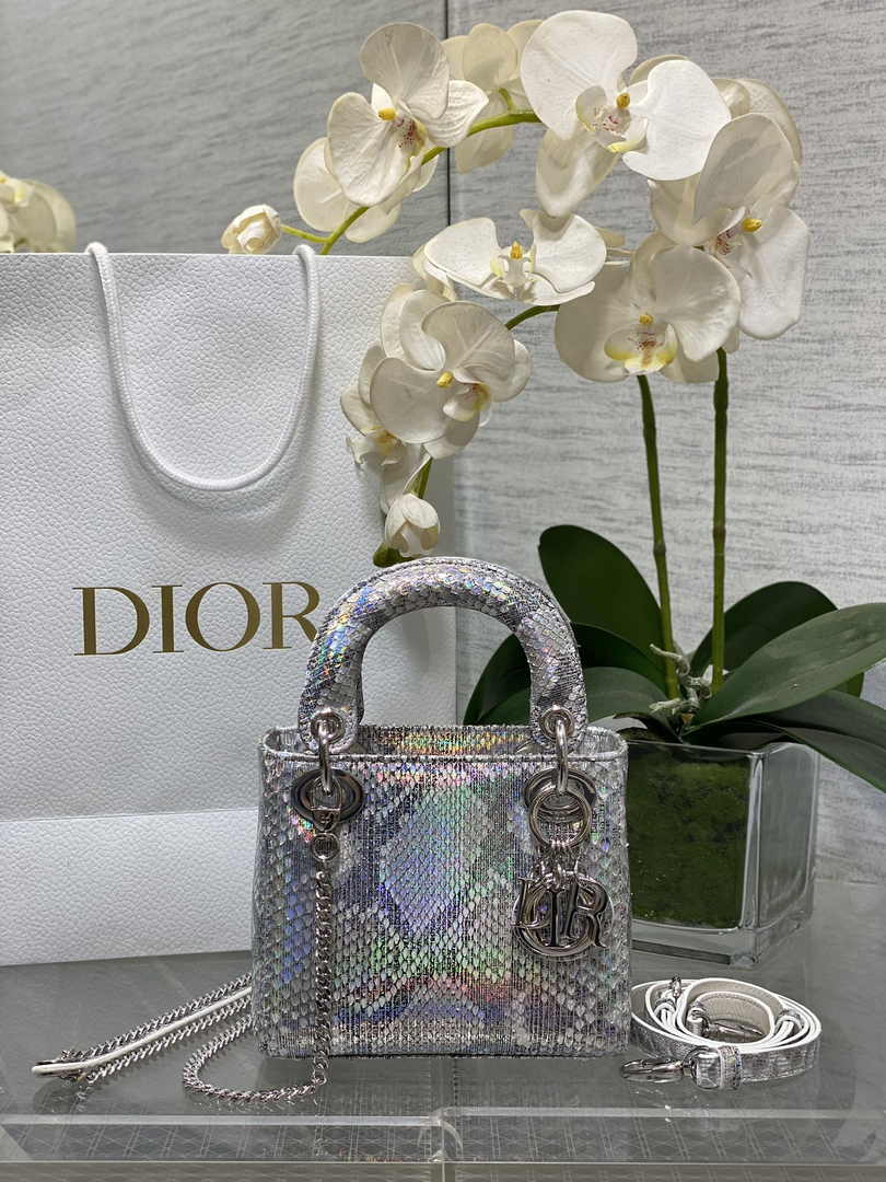 Mini Lady Dior Bag M0505 Silver Snake Leather - Default Title - View 1