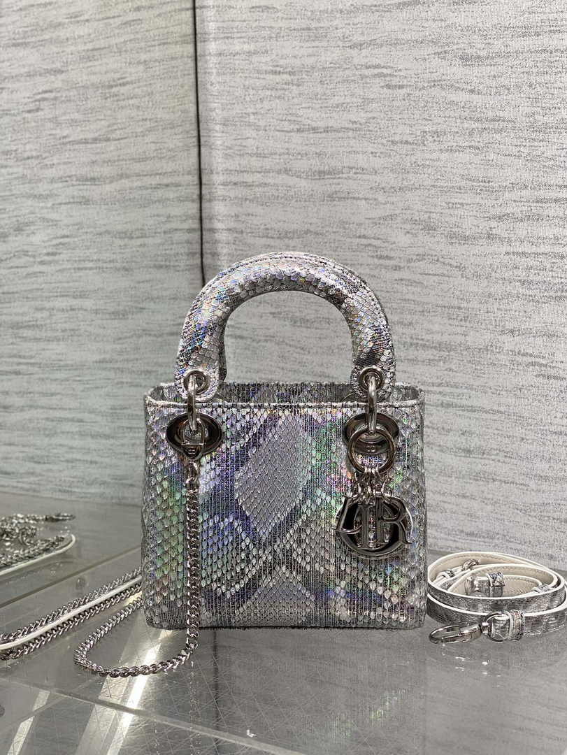 Mini Lady Dior Bag M0505 Silver Snake Leather - Default Title - View 2