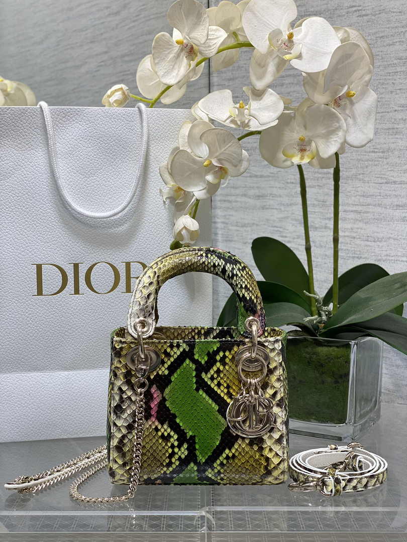 Mini Lady Dior Bag M0505 Green Yellow Snake Leather - Default Title - View 1