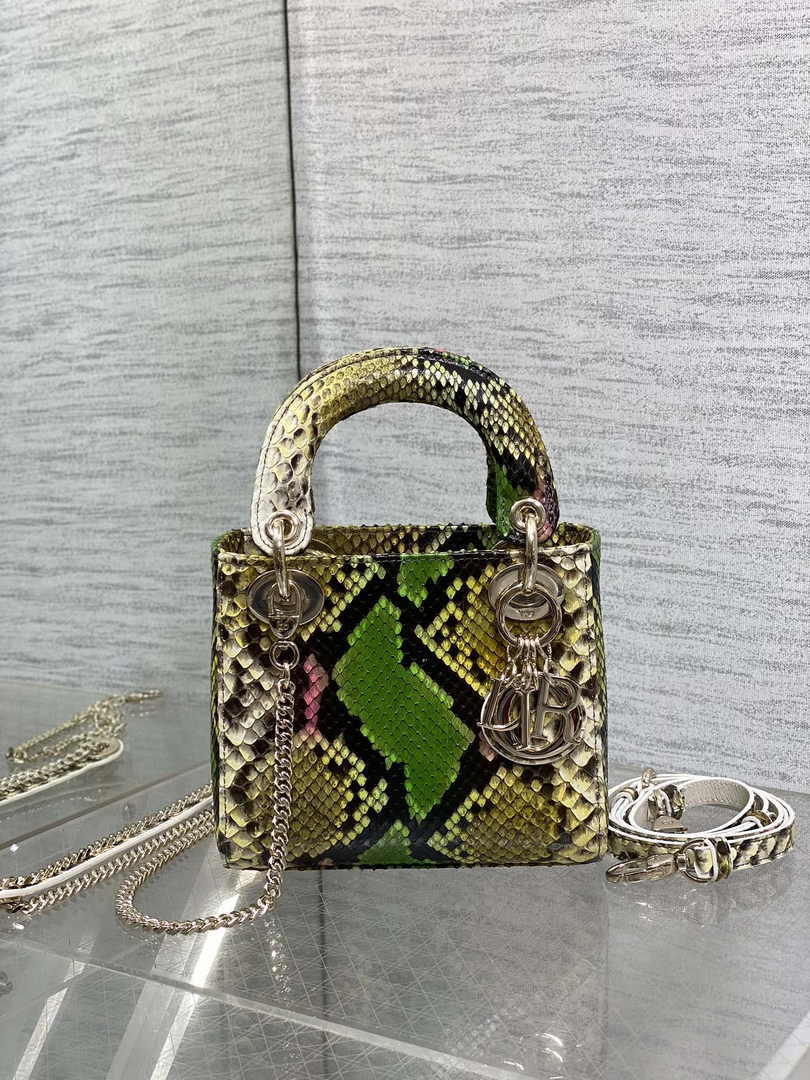 Mini Lady Dior Bag M0505 Green Yellow Snake Leather - Default Title - View 2