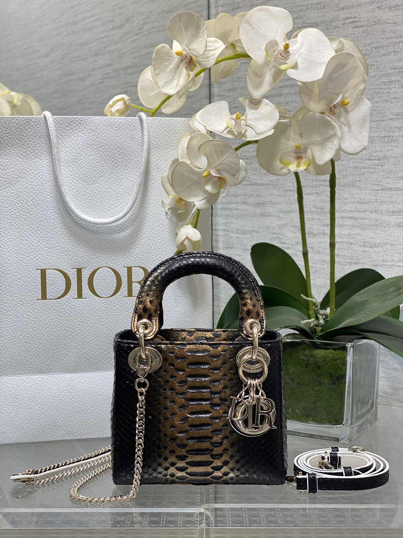 Mini Lady Dior Bag M0505 Gold Black Snake Leather - Default Title - View 1