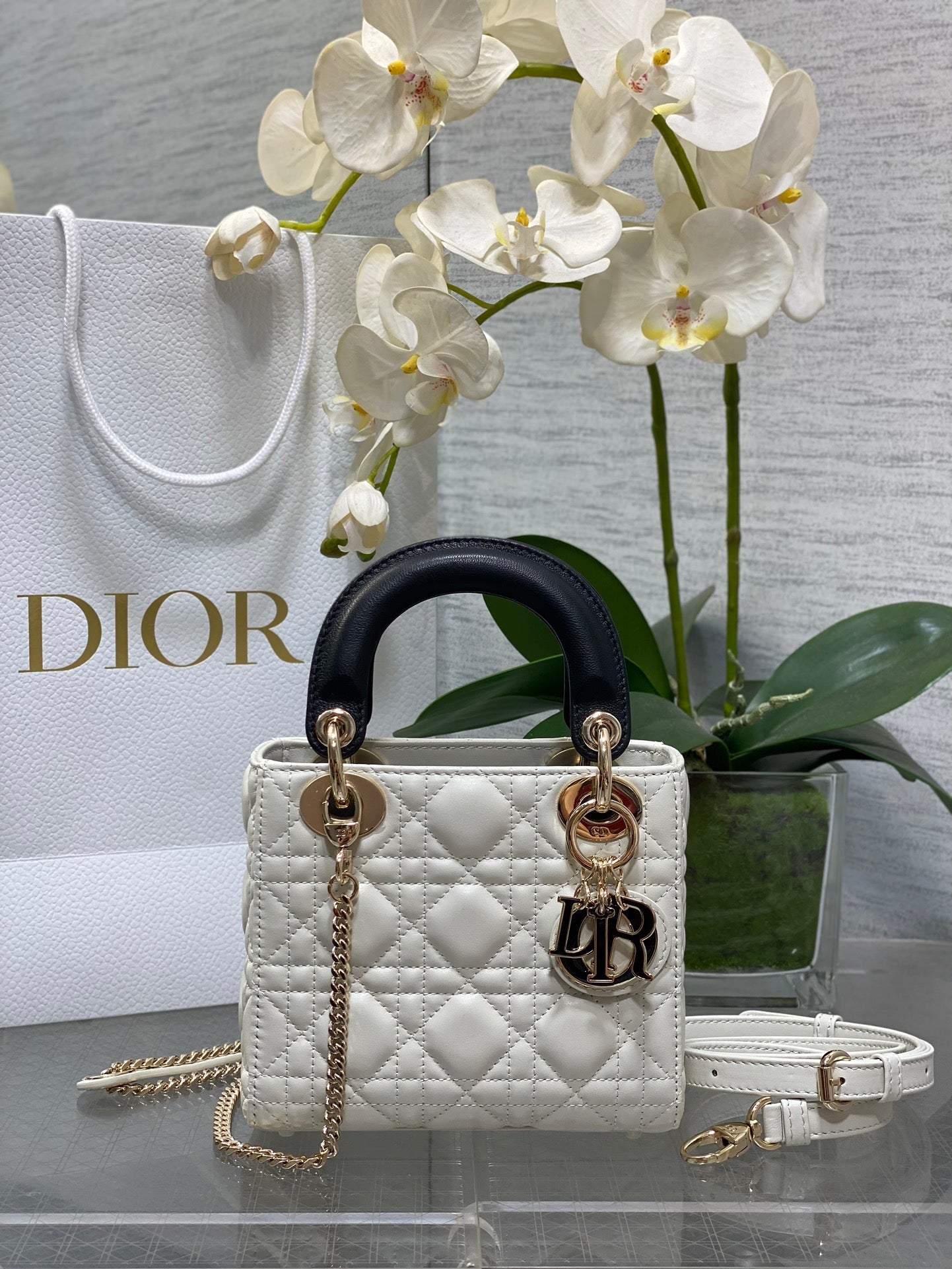 Mini Lady Dior Bag M0505 White Black Cannage Lambskin - Default Title - View 1