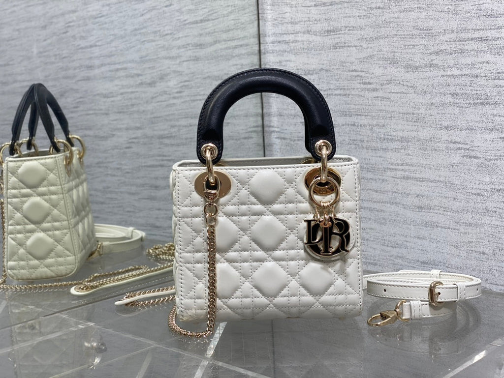 Mini Lady Dior Bag M0505 White Black Cannage Lambskin - Default Title - View 2