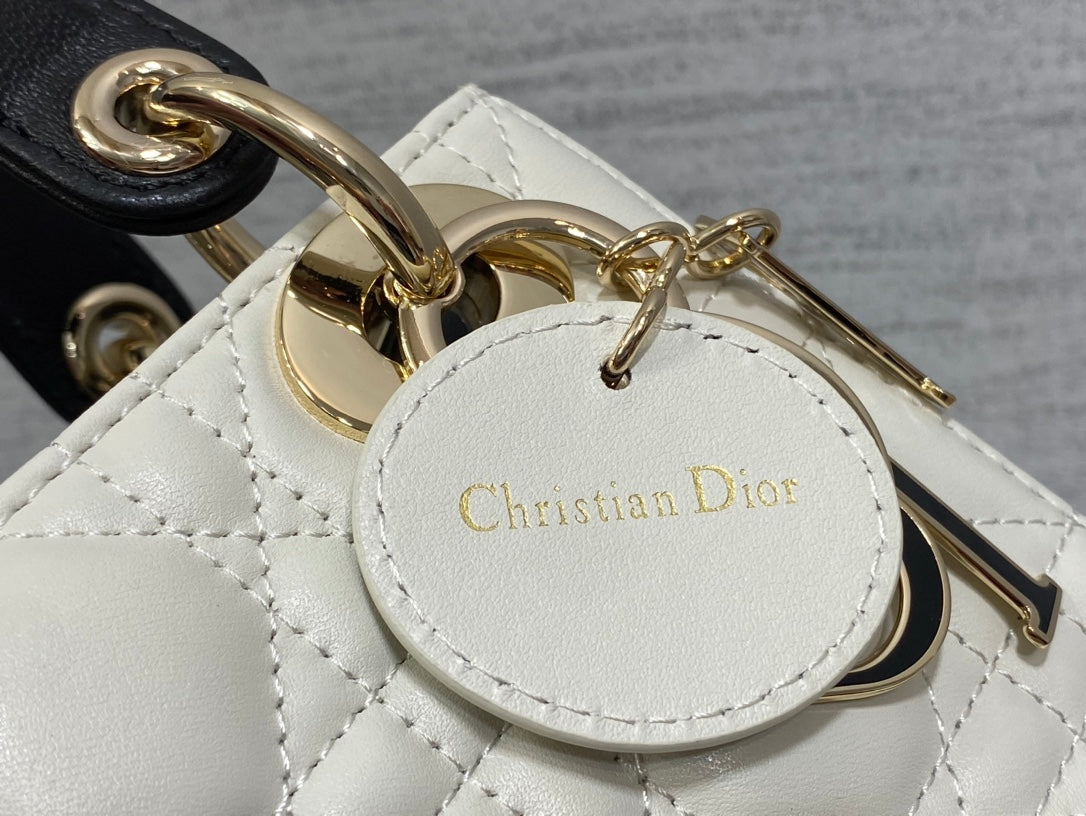Mini Lady Dior Bag M0505 White Black Cannage Lambskin - Default Title - View 7
