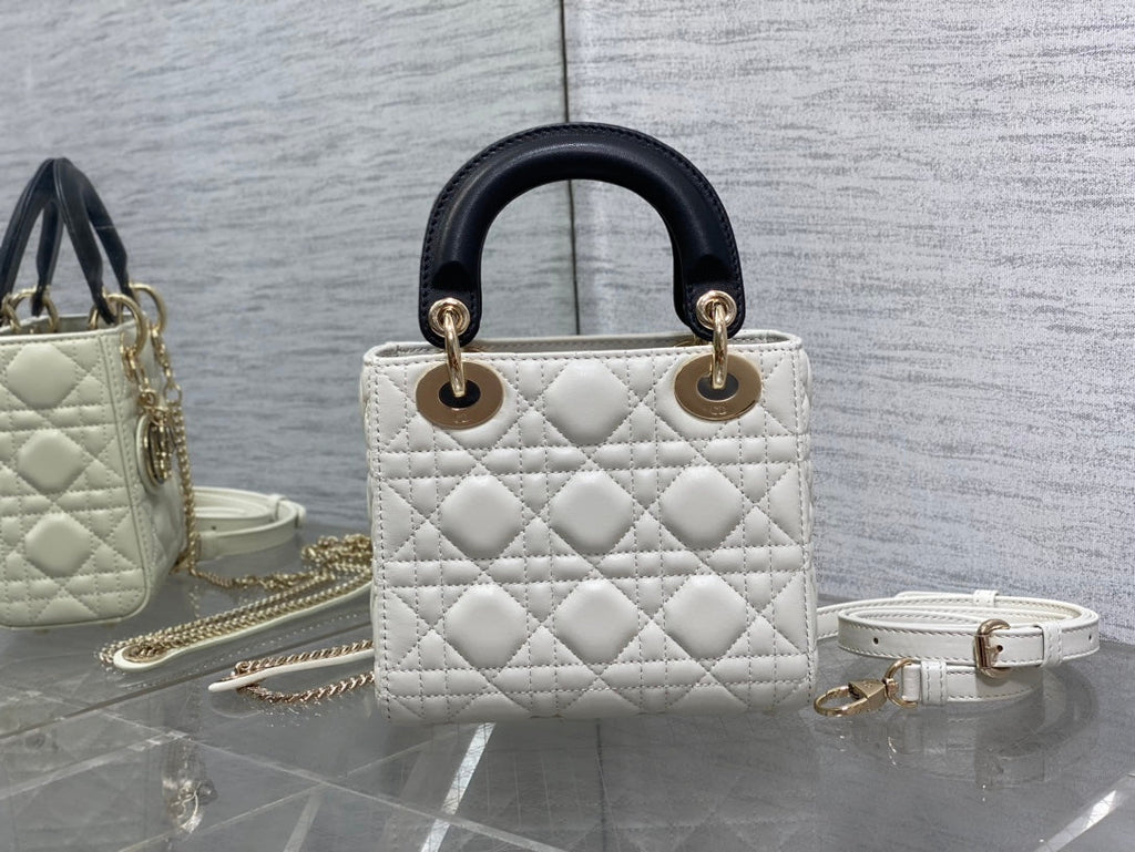 Mini Lady Dior Bag M0505 White Black Cannage Lambskin - Default Title - View 3
