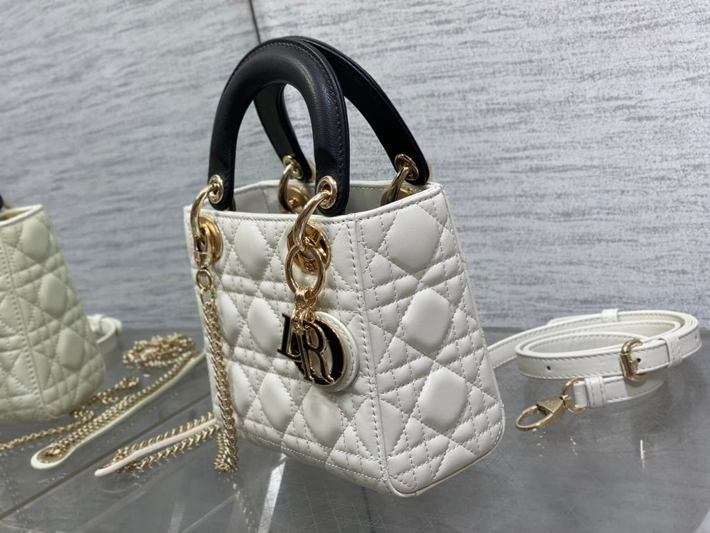Mini Lady Dior Bag M0505 White Black Cannage Lambskin - Default Title - View 4