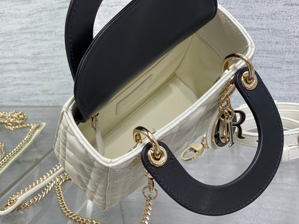 Mini Lady Dior Bag M0505 White Black Cannage Lambskin - Default Title - View 6