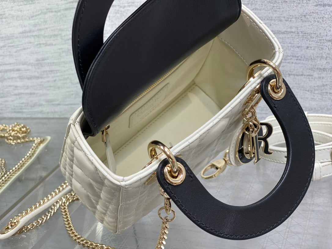 Mini Lady Dior Bag M0505 White Black Cannage Lambskin - Default Title - View 6