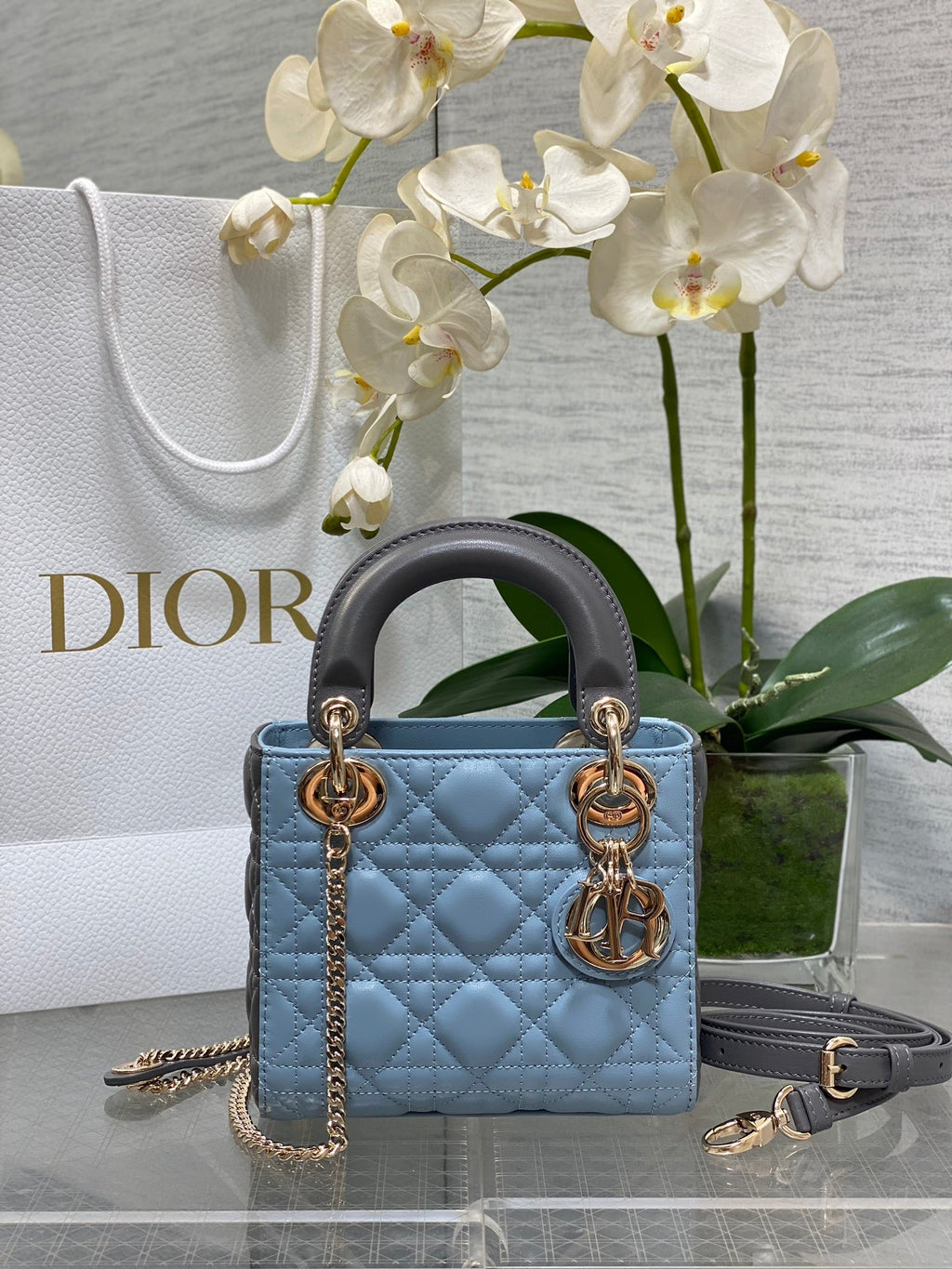 Mini Lady Dior Bag M0505 Blue Gray Cannage Lambskin - Default Title - View 1