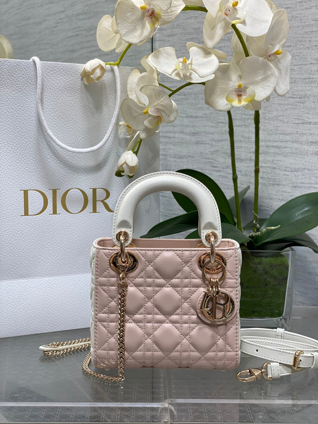 Mini Lady Dior Bag M0505 Pink White Cannage Lambskin - Default Title - View 1