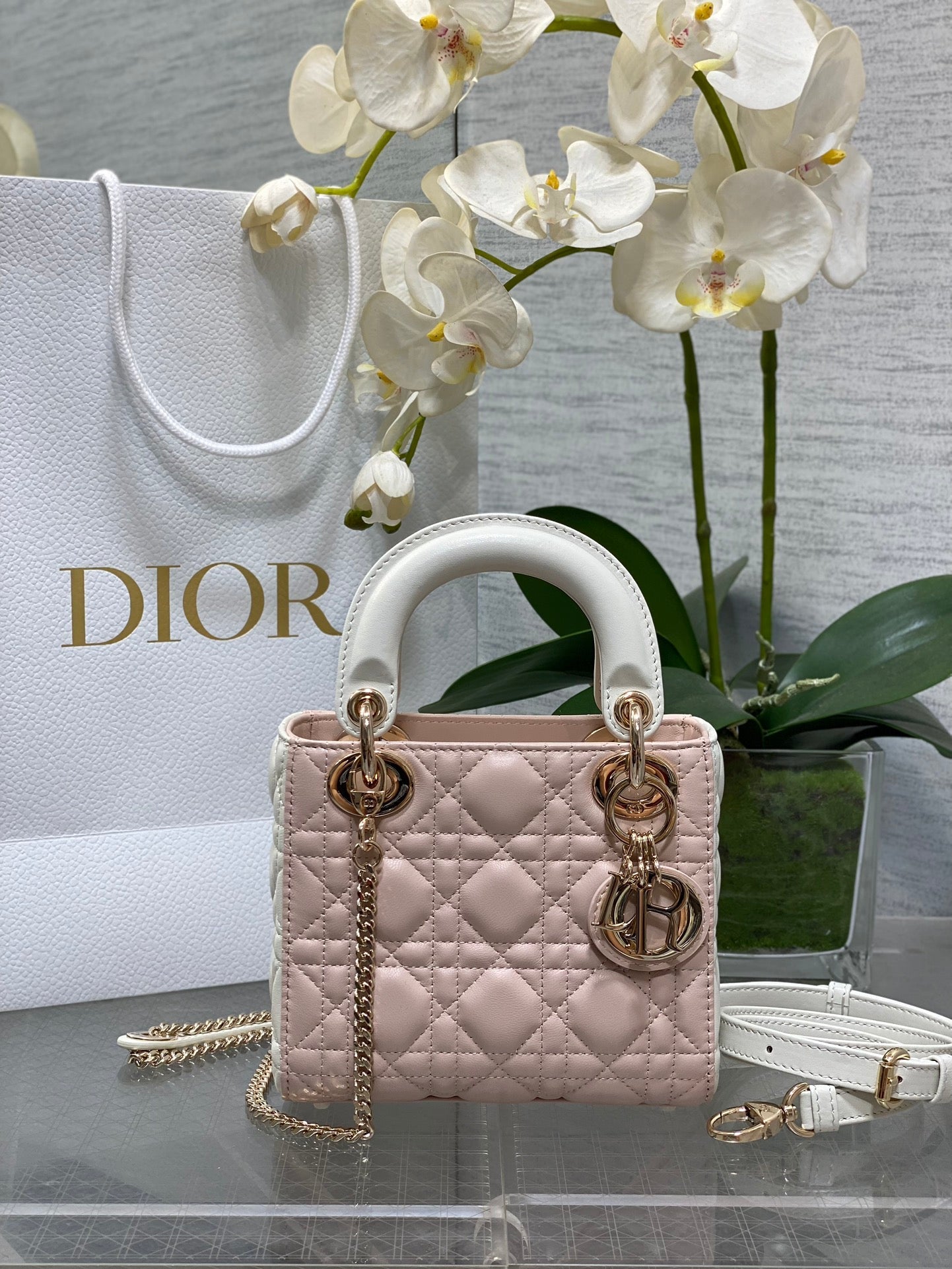 Mini Lady Dior Bag M0505 Pink White Cannage Lambskin - Default Title - View 1