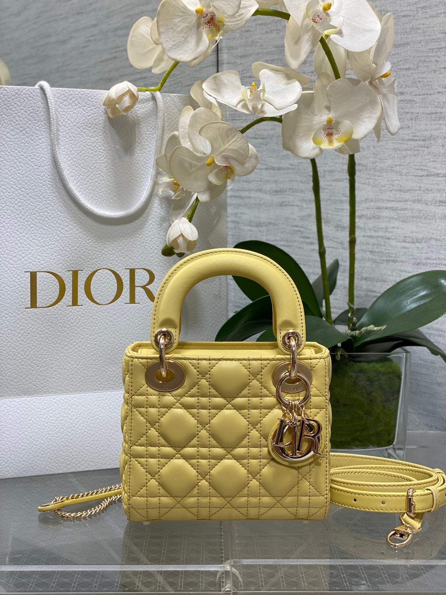 Mini Lady Dior Bag M0505 Yellow Cannage Lambskin - Default Title - View 1