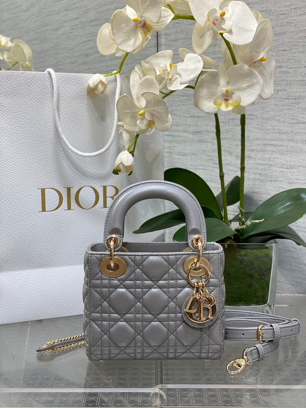 Mini Lady Dior Bag M0505 Gray Cannage Lambskin - Default Title - View 1