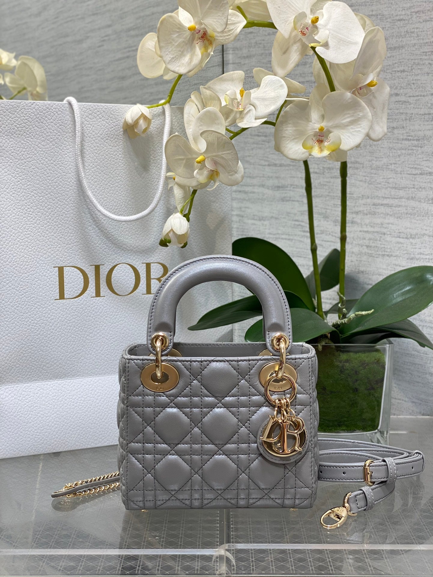 Mini Lady Dior Bag M0505 Gray Cannage Lambskin - Default Title - View 1
