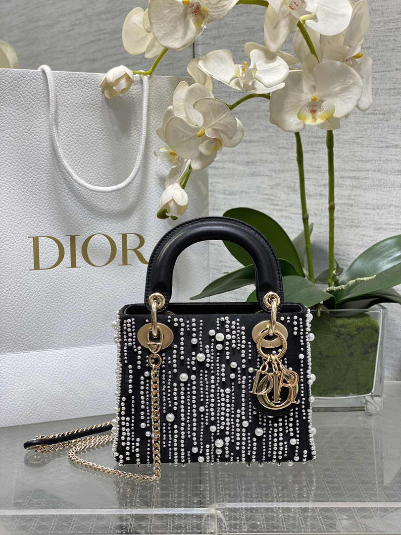 Mini Lady Dior Bag M0505 Black Satin Embroidered with White Resin Pearls - Default Title - View 1