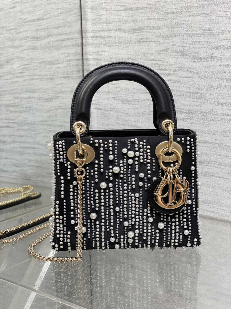 Mini Lady Dior Bag M0505 Black Satin Embroidered with White Resin Pearls - Default Title - View 2
