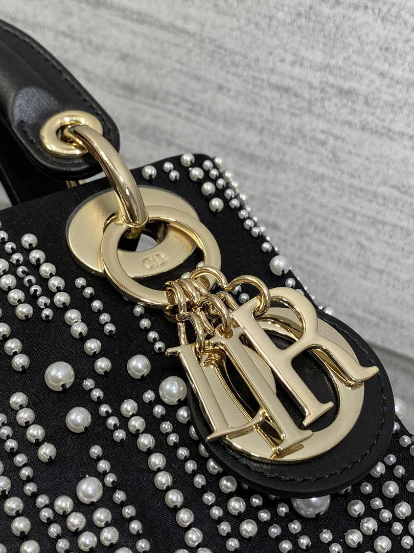 Mini Lady Dior Bag M0505 Black Satin Embroidered with White Resin Pearls - Default Title - View 9