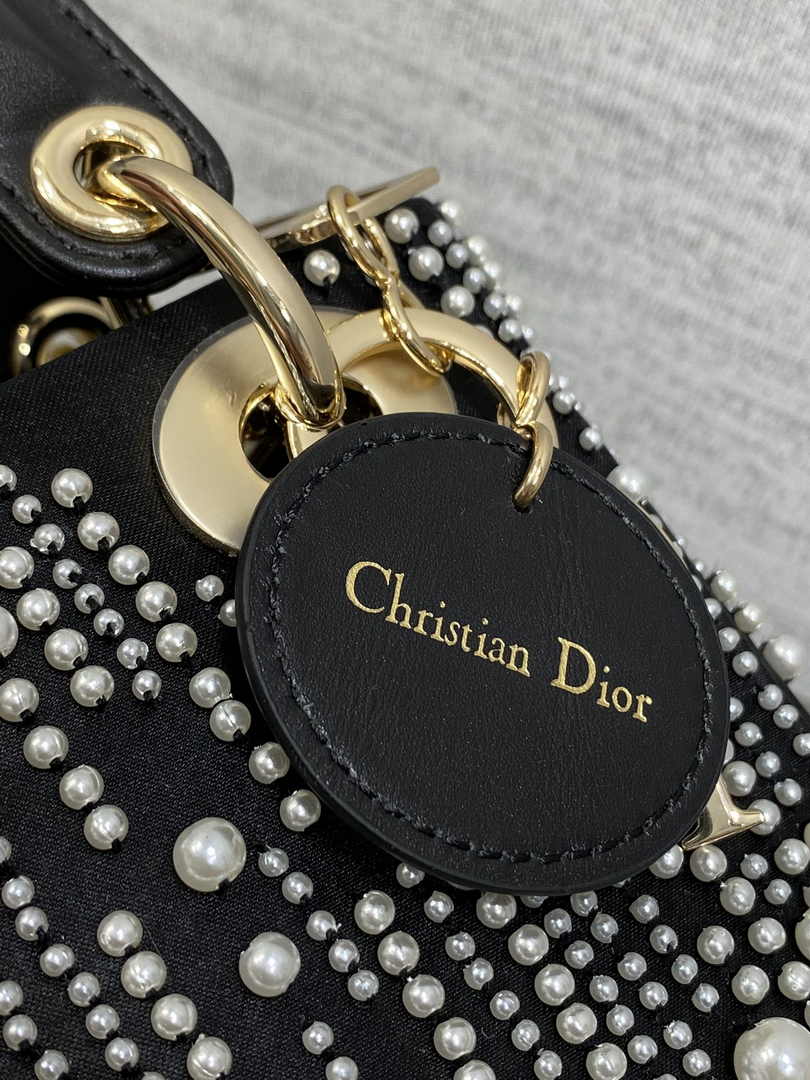 Mini Lady Dior Bag M0505 Black Satin Embroidered with White Resin Pearls - Default Title - View 8