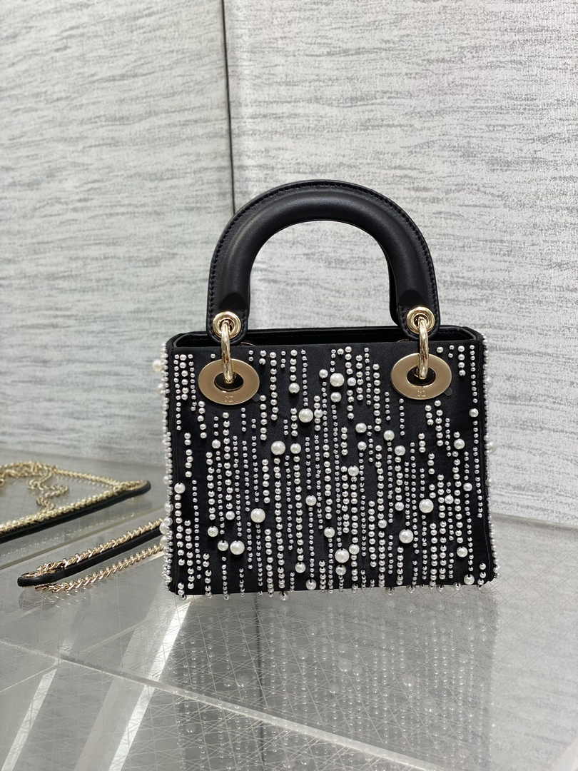 Mini Lady Dior Bag M0505 Black Satin Embroidered with White Resin Pearls - Default Title - View 3