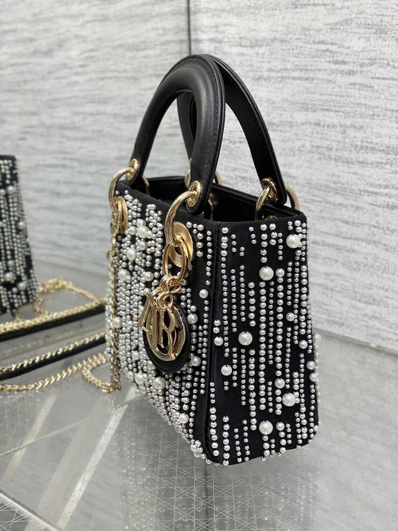 Mini Lady Dior Bag M0505 Black Satin Embroidered with White Resin Pearls - Default Title - View 4