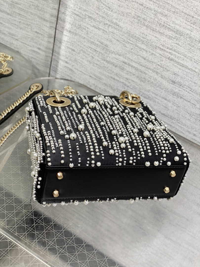 Mini Lady Dior Bag M0505 Black Satin Embroidered with White Resin Pearls - Default Title - View 5
