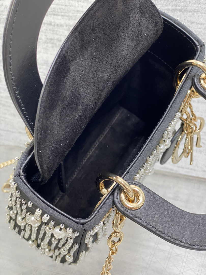 Mini Lady Dior Bag M0505 Black Satin Embroidered with White Resin Pearls - Default Title - View 6