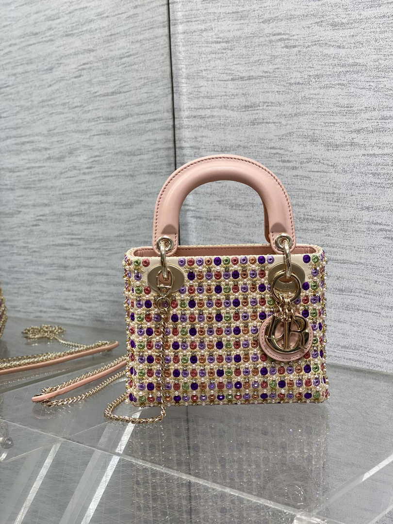 Mini Lady Dior Bag M0505 Pink Satin Embroidered - Default Title - View 1