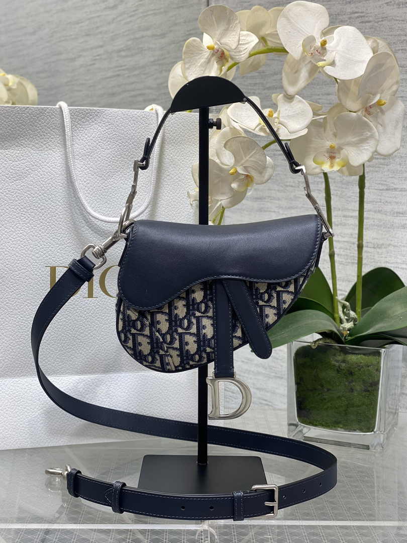 Mini Saddle Bag with Strap M0456 Blue Dior Oblique Jacquard and Smooth Calfskin