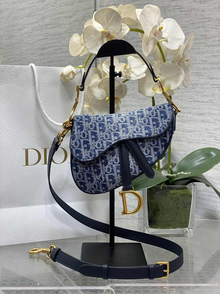 Dior Mini Saddle Bag with Strap M0456 Blue Denim Dior Oblique Jacquard