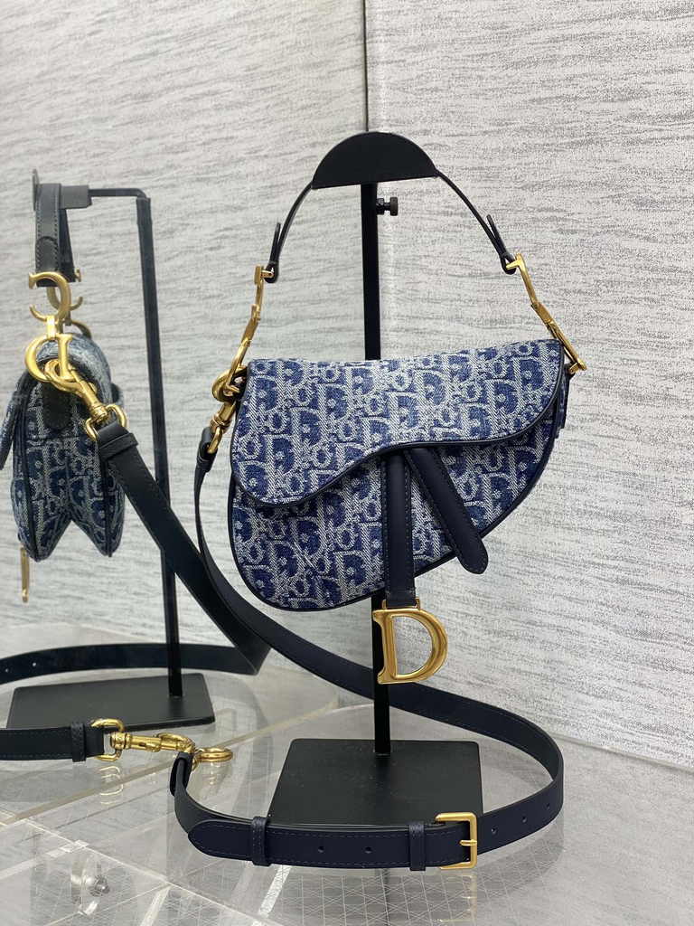 Dior Mini Saddle Bag with Strap M0456 Blue Denim Dior Oblique Jacquard
