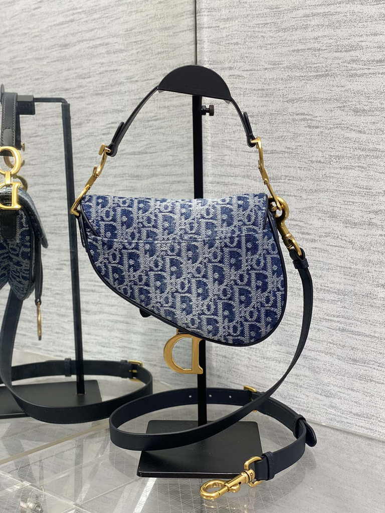 Dior Mini Saddle Bag with Strap M0456 Blue Denim Dior Oblique Jacquard