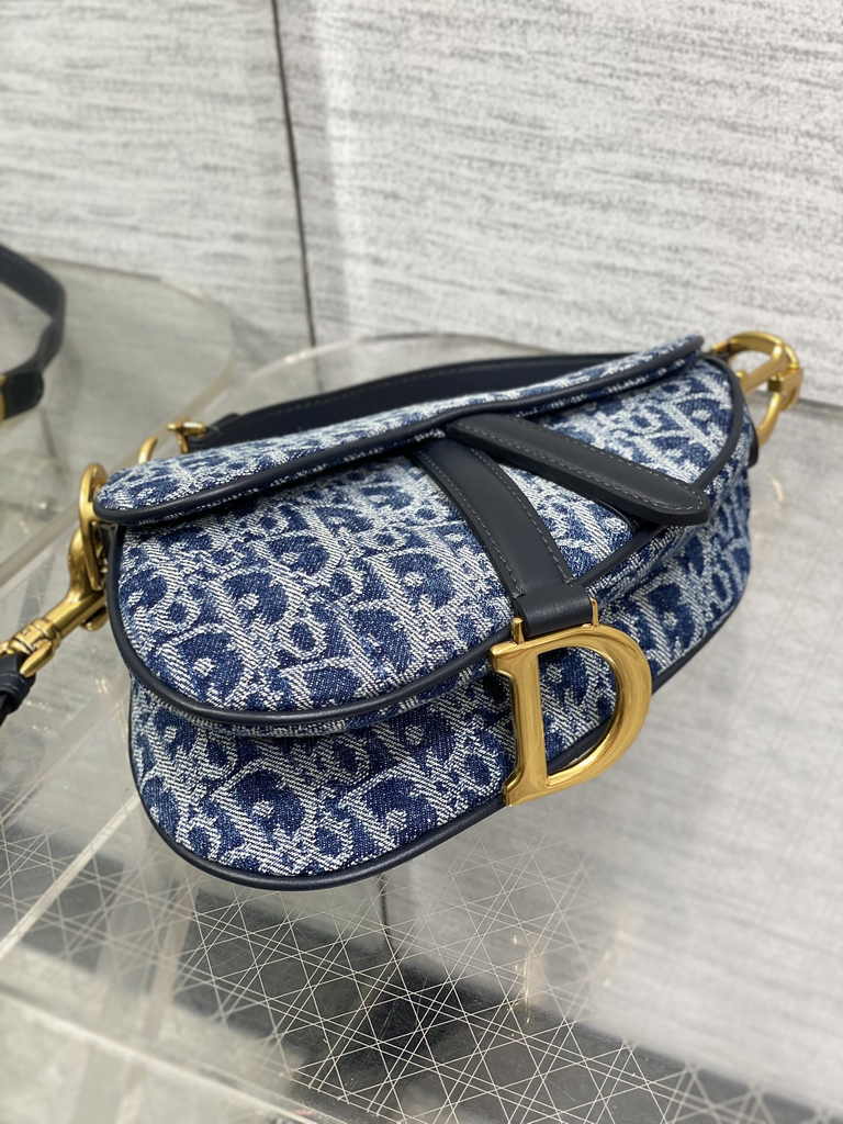 Dior Mini Saddle Bag with Strap M0456 Blue Denim Dior Oblique Jacquard