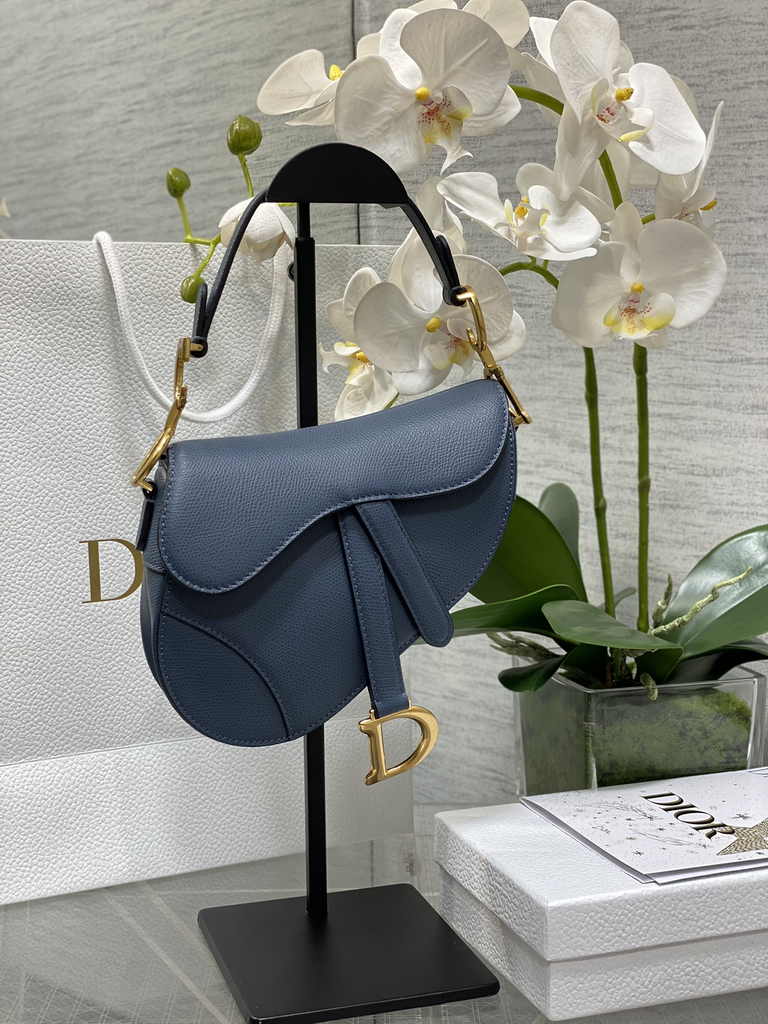 Dior Mini Saddle Bag with Strap M0456 Blue Grained Calfskin