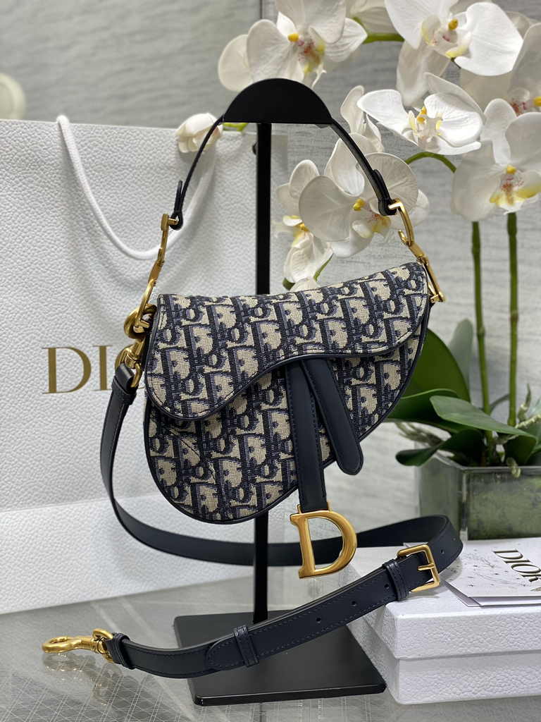 Dior Mini Saddle Bag with Strap M0456 Blue Dior Oblique Jacquard