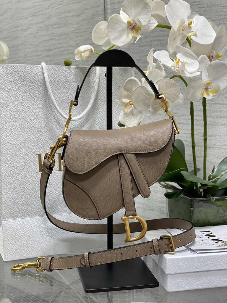 Dior Mini Saddle Bag with Strap M0456 Warm Taupe Grained Calfskin