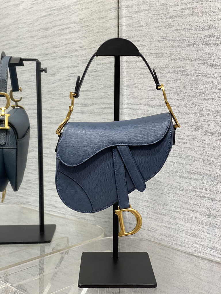 Dior Mini Saddle Bag with Strap M0456 Blue Grained Calfskin