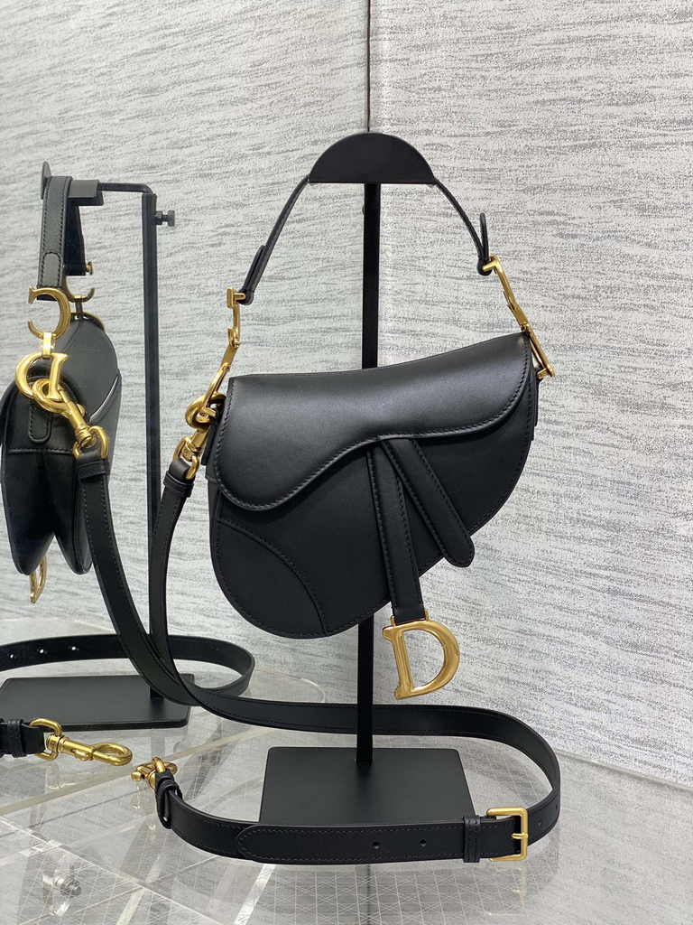 Dior Mini Saddle Bag with Strap M0456 Black Smooth Calfskin