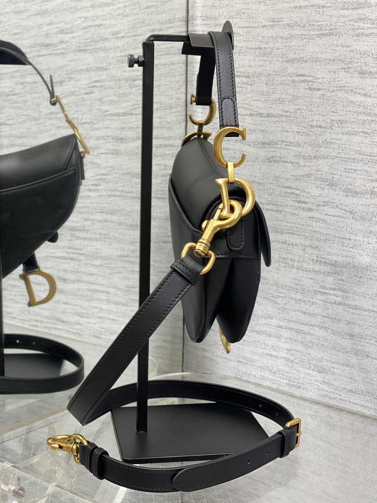 Dior Mini Saddle Bag with Strap M0456 Black Smooth Calfskin