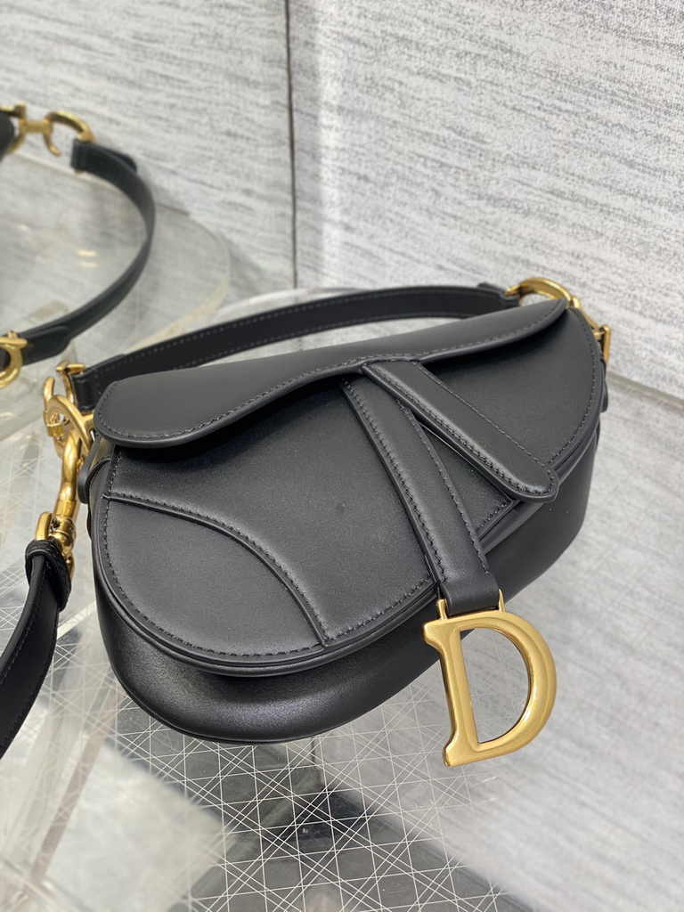 Dior Mini Saddle Bag with Strap M0456 Black Smooth Calfskin