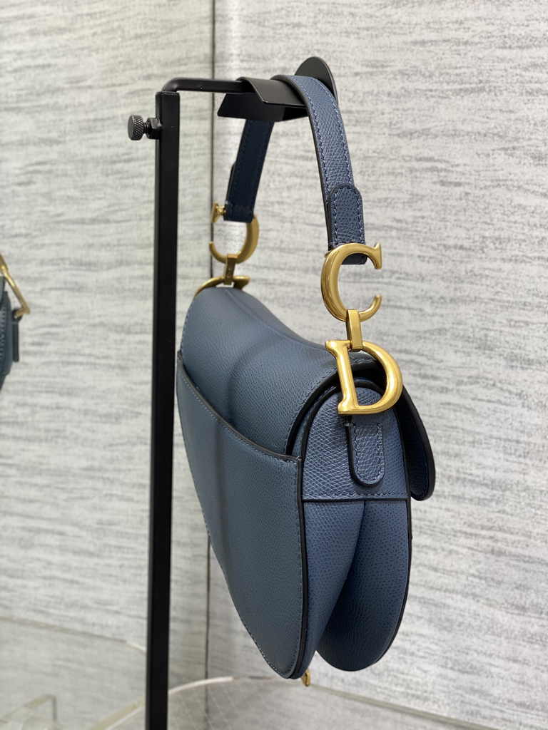 Dior Mini Saddle Bag with Strap M0456 Blue Grained Calfskin