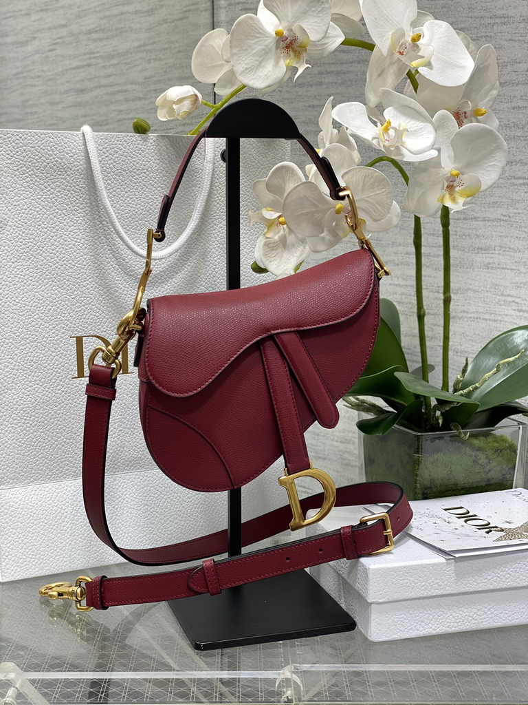 Dior Mini Saddle Bag with Strap M0456 Red Grained Calfskin