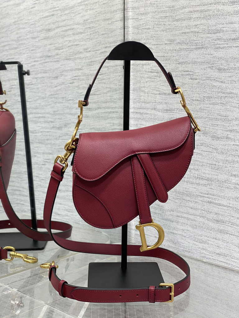 Dior Mini Saddle Bag with Strap M0456 Red Grained Calfskin