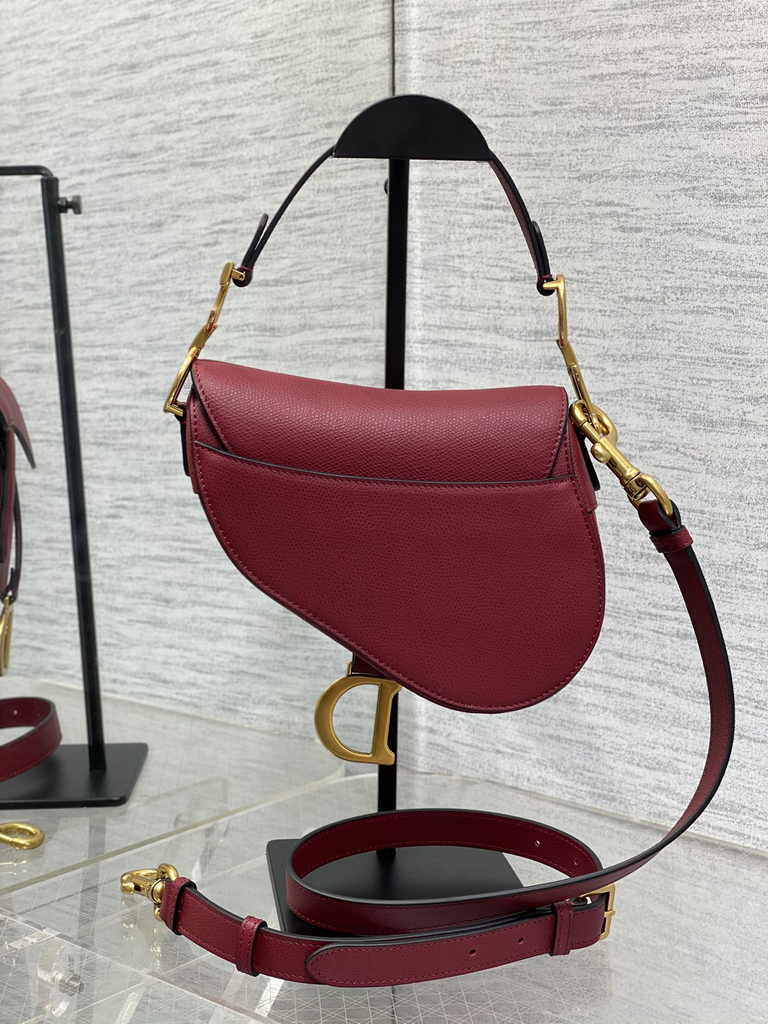 Dior Mini Saddle Bag with Strap M0456 Red Grained Calfskin