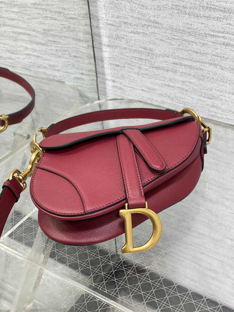 Dior Mini Saddle Bag with Strap M0456 Red Grained Calfskin