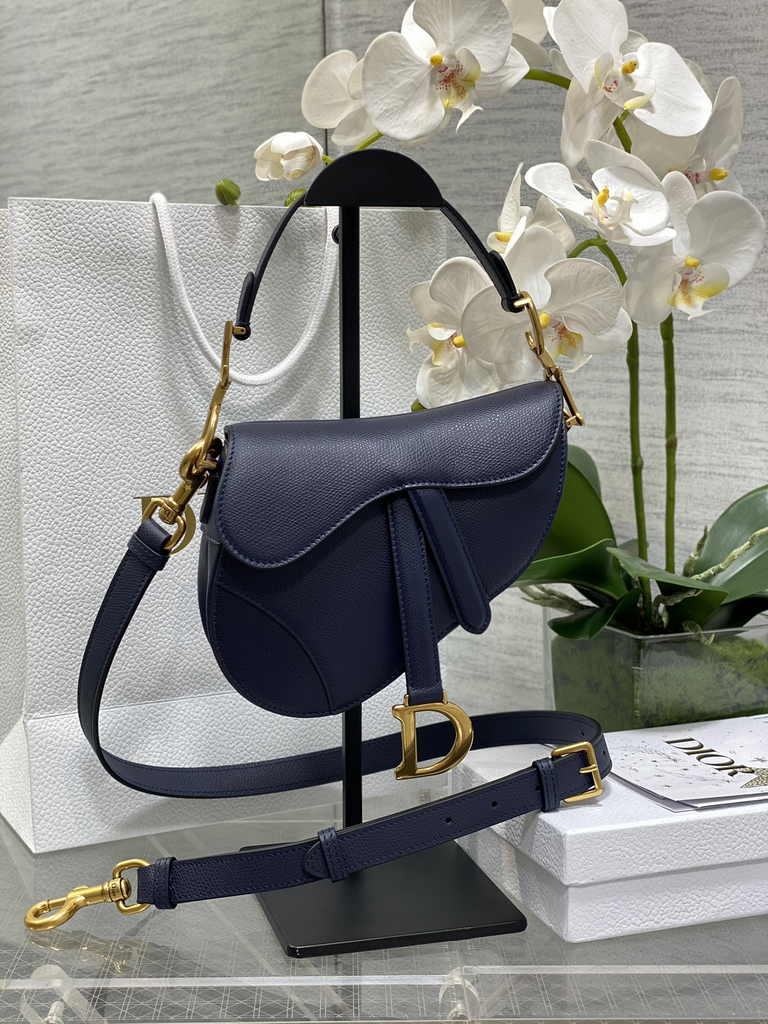 Dior Mini Saddle Bag with Strap M0456 Navy Blue Grained Calfskin