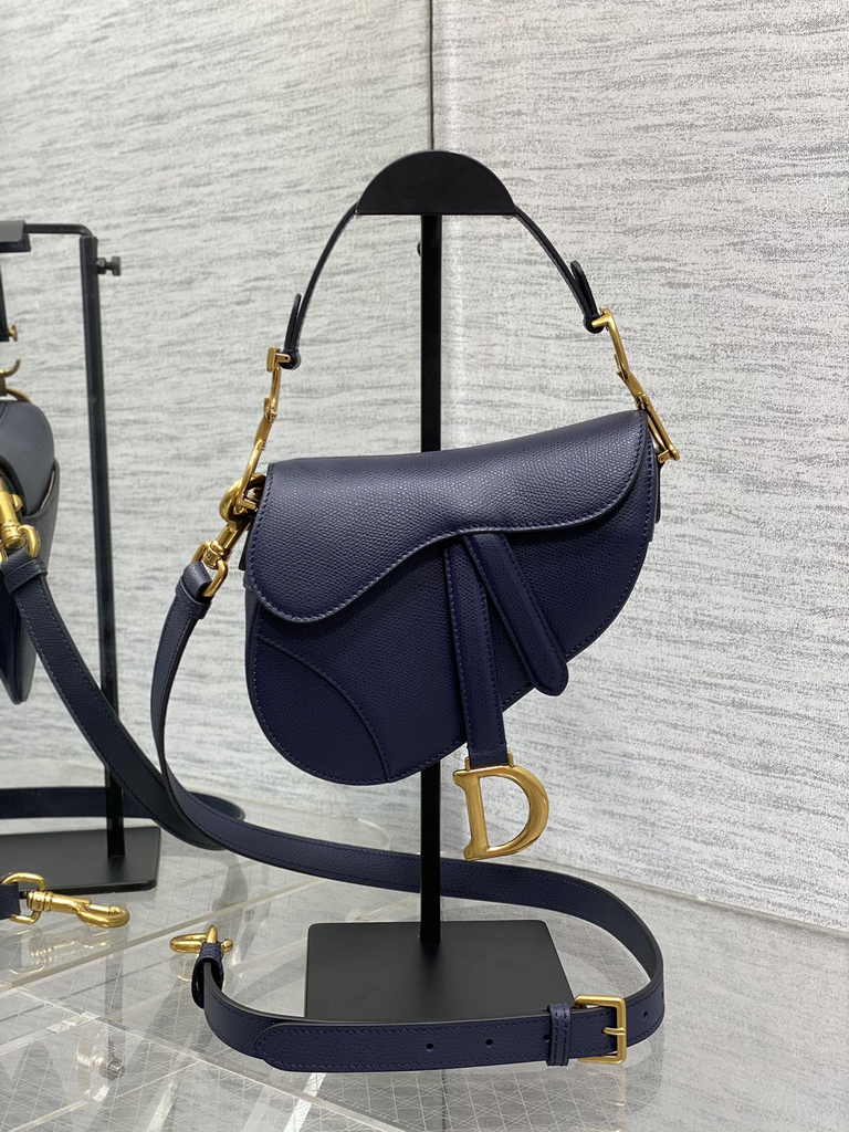 Dior Mini Saddle Bag with Strap M0456 Navy Blue Grained Calfskin