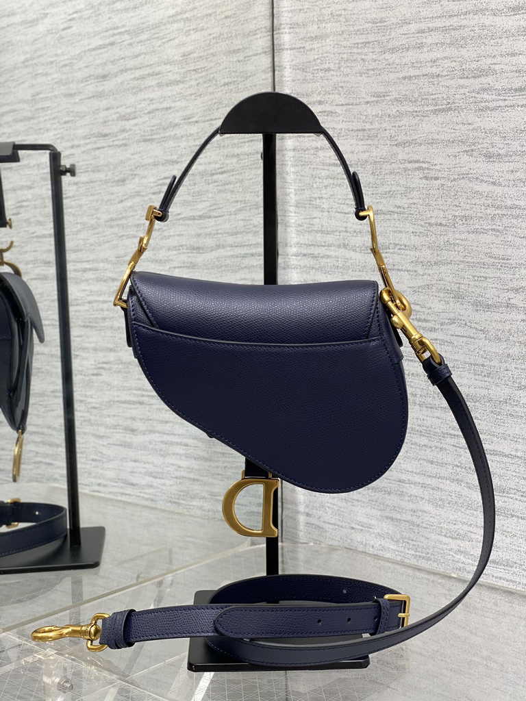 Dior Mini Saddle Bag with Strap M0456 Navy Blue Grained Calfskin