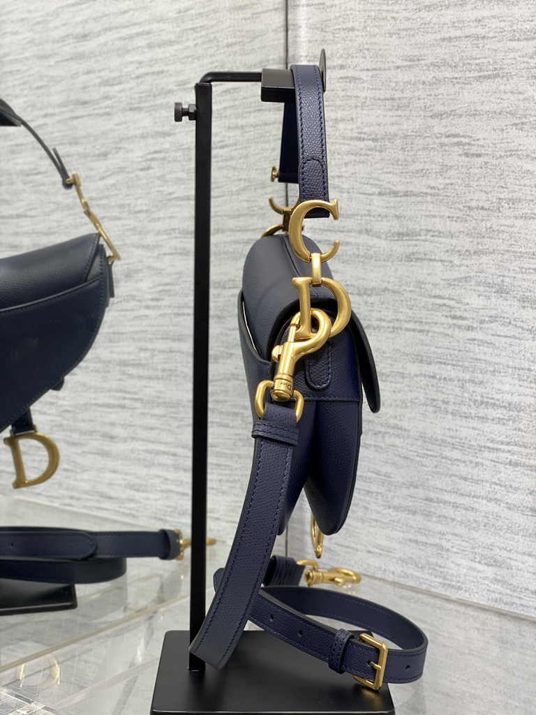 Dior Mini Saddle Bag with Strap M0456 Navy Blue Grained Calfskin