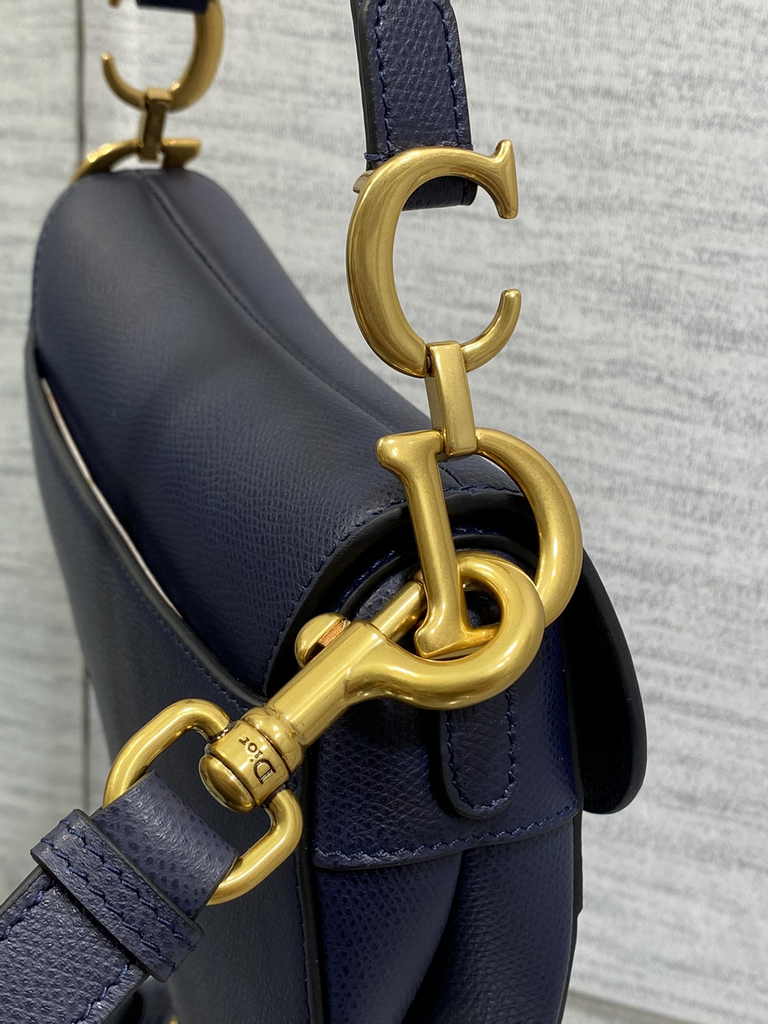 Dior Mini Saddle Bag with Strap M0456 Navy Blue Grained Calfskin