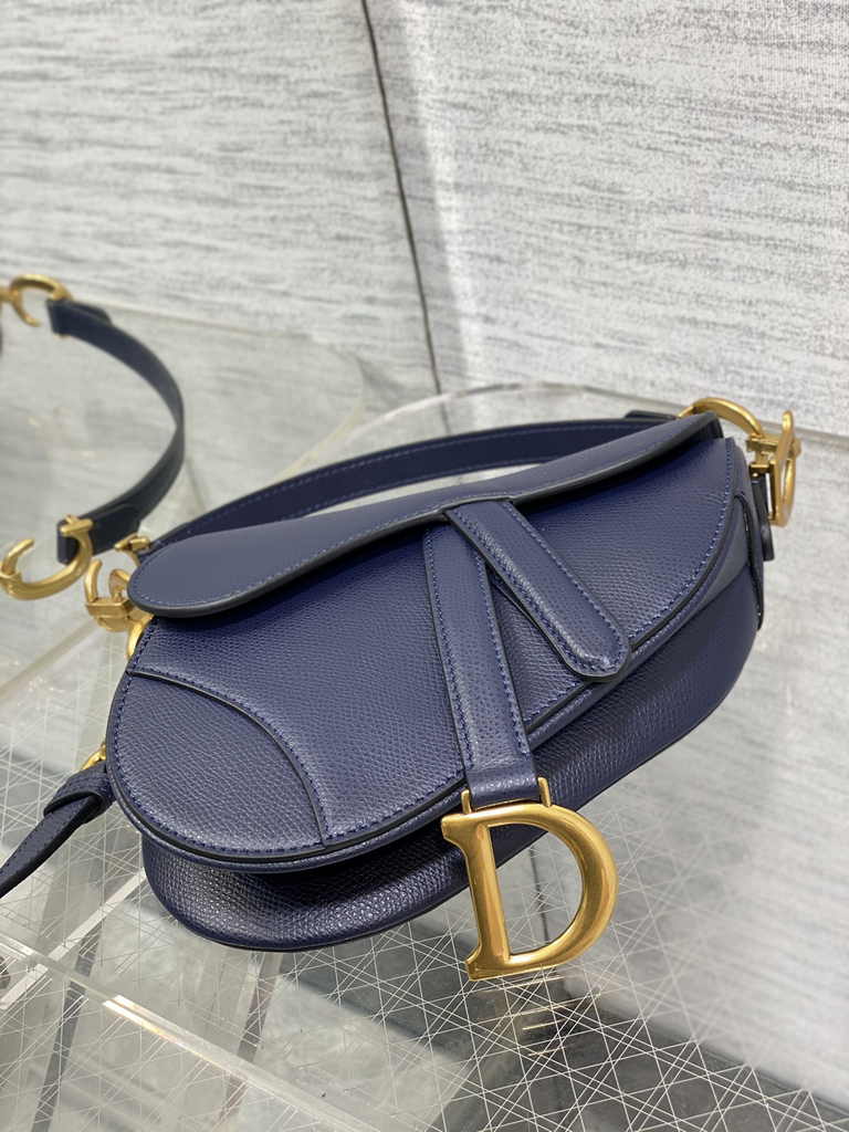 Dior Mini Saddle Bag with Strap M0456 Navy Blue Grained Calfskin